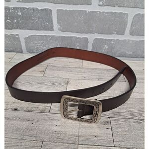 Vintage Genuine Leather Wstern Brown‎ Square Silver Tone Buckle Belt Size M/L